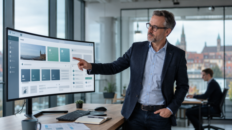 SharePoint Intranet Planung – IT-Profi am Monitor mit SharePoint-Startseite – AURUM GmbH Nürnberg