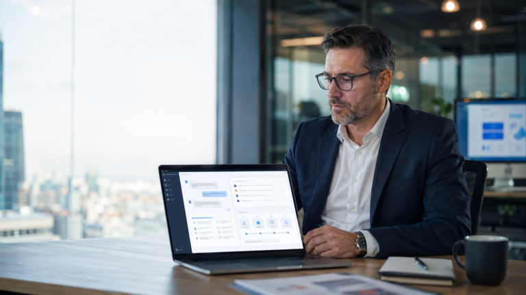 Microsoft Copilot Einführung – Businessperson am Laptop mit KI-Interface – AURUM GmbH Nürnberg