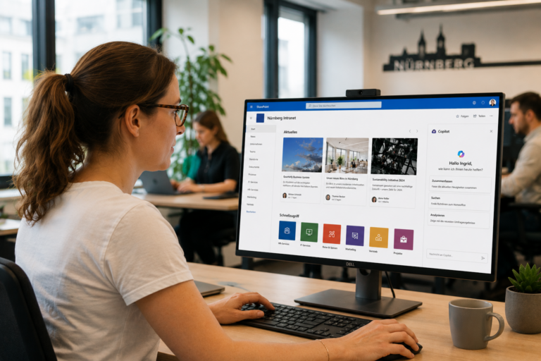 Mitarbeiterin nutzt Microsoft 365 Copilot im SharePoint-Intranet auf einem modernen Büroarbeitsplatz in Nürnberg