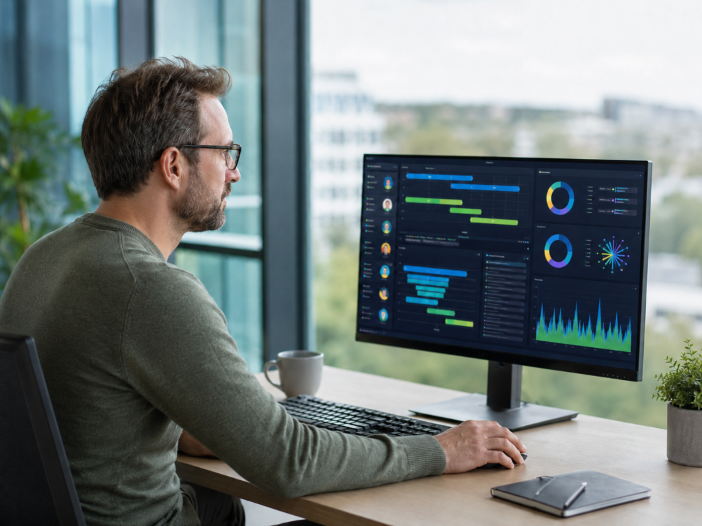 ein Geschäftsmann analysieren im modernen Büro die Kosten und den ROI von Microsoft 365 Copilot für ihr Unternehmen.