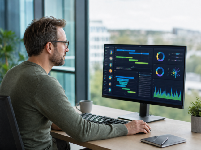ein Geschäftsmann analysieren im modernen Büro die Kosten und den ROI von Microsoft 365 Copilot für ihr Unternehmen.