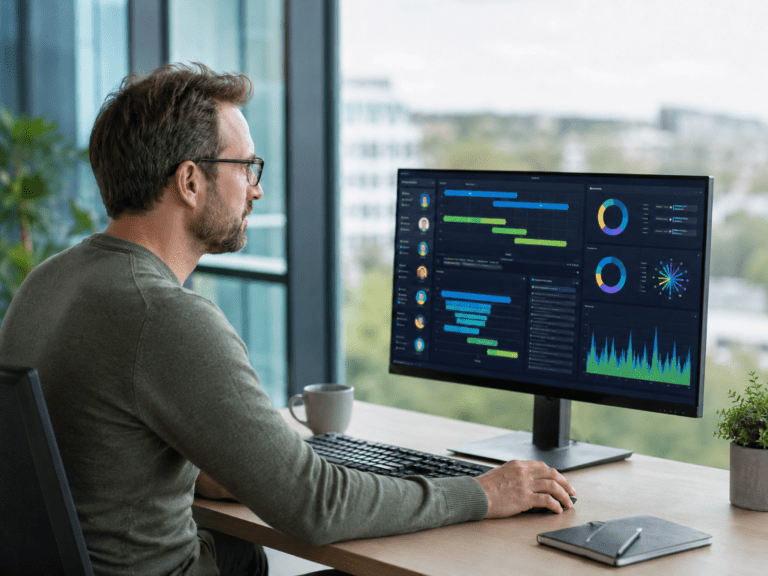 ein Geschäftsmann analysieren im modernen Büro die Kosten und den ROI von Microsoft 365 Copilot für ihr Unternehmen.