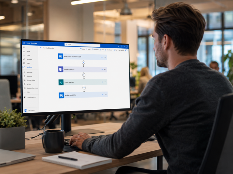 Mitarbeiter erstellt einen Power Automate Workflow in Microsoft 365 am modernen Büroarbeitsplatz