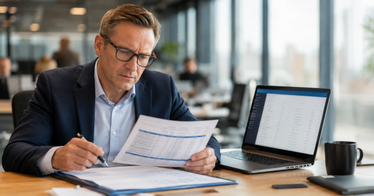 Microsoft 365 Preiserhöhung 2026 – Geschäftsmann prüft Lizenzkosten am Laptop – AURUM GmbH Nürnberg