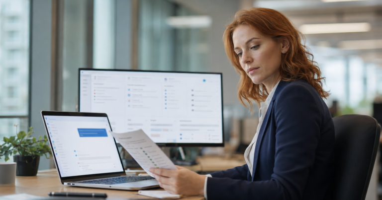 Microsoft Copilot DSGVO-konform einsetzen – IT-Fachkraft am Laptop mit Compliance-Checkliste – AURUM GmbH Nürnberg