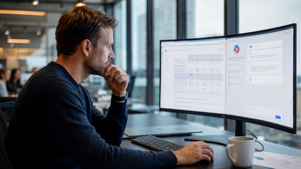 Microsoft Copilot Business Enterprise Vergleich – IT-Entscheider prüft Lizenzoptionen am Monitor – AURUM GmbH Nürnberg