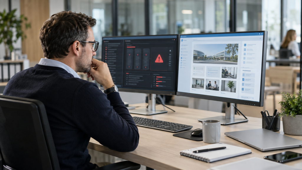 IT-Verantwortlicher vergleicht im Büro eine veraltete SharePoint-Server-Umgebung mit einer modernen SharePoint-Online-Oberfläche.
