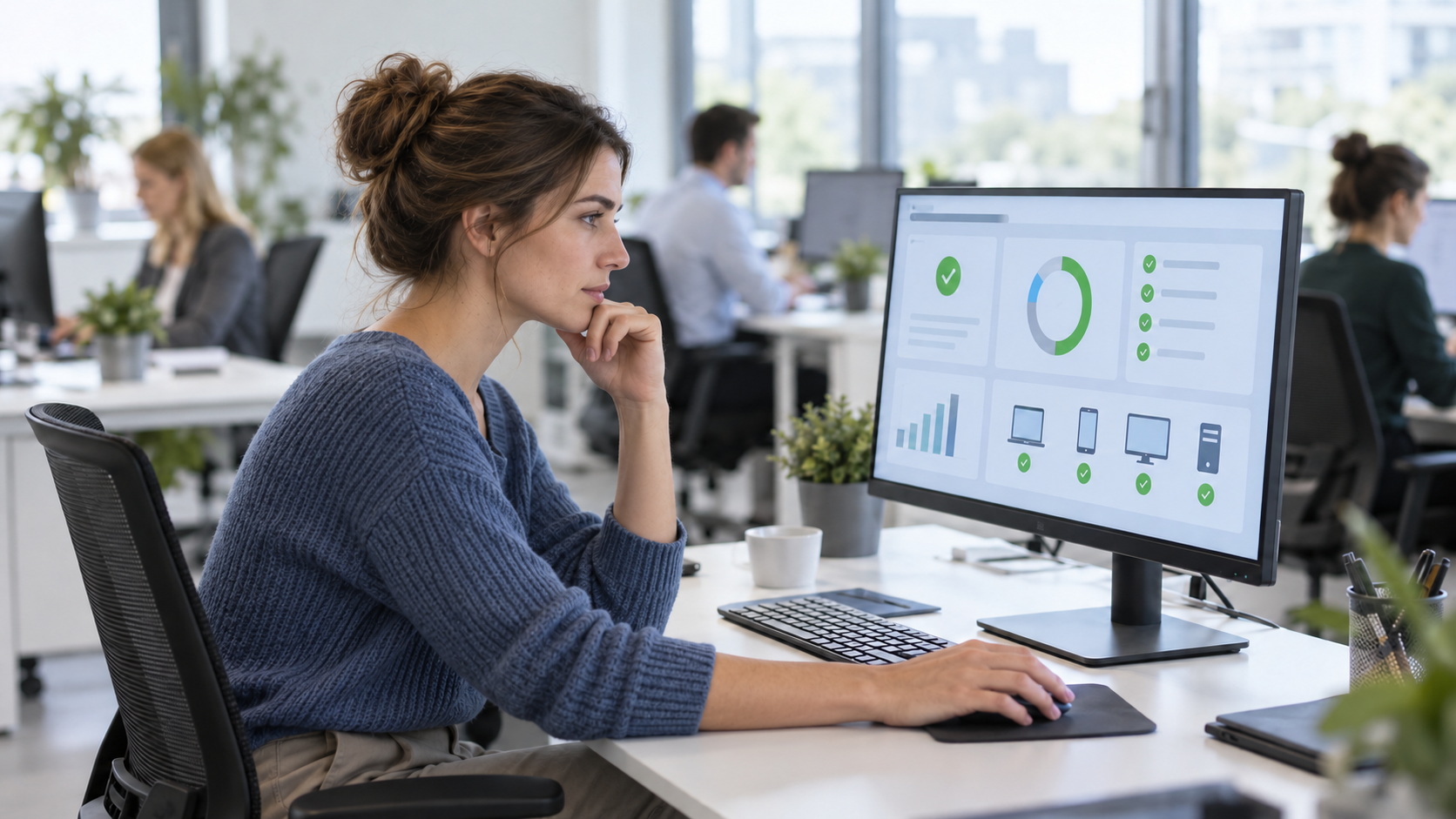 IT-Fachmann verwaltet Microsoft Intune Dashboard im Mittelstandsbüro – Endpoint-Management für KMU