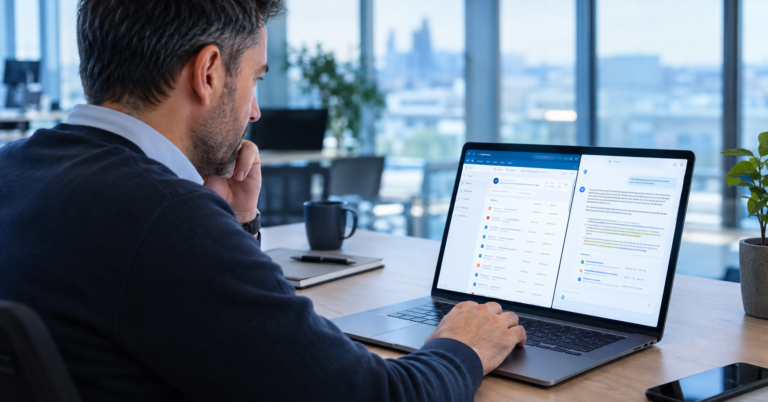 Unternehmensweite Wissenssuche SharePoint – IT-Berater erhält KI-gestützte Antwort aus SharePoint-Dokumenten am Laptop – AURUM GmbH Nürnberg
