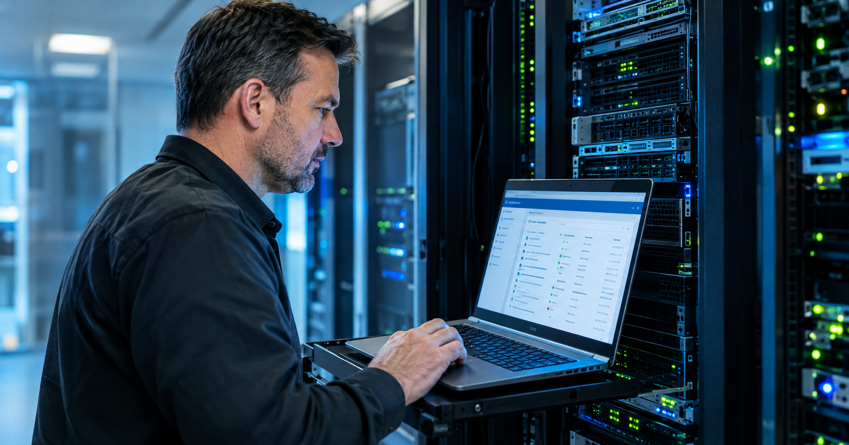 SharePoint Supportende – IT-Leiter prüft Serverstatus einer SharePoint-Farm am Monitor – AURUM GmbH Nürnberg