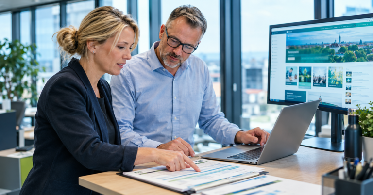 SharePoint Intranet Kosten – IT-Leiterin prüft Intranet-Budget am Monitor – AURUM GmbH Nürnberg