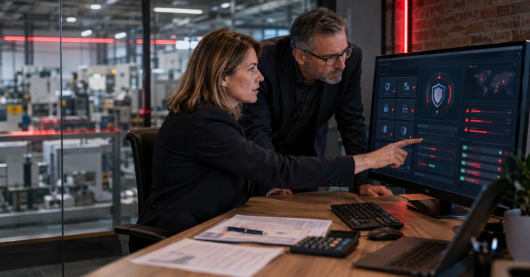 Digitalbonus Bayern IT-Sicherheit – IT-Leiterin prüft Sicherheits-Dashboard am Monitor – AURUM GmbH Nürnberg