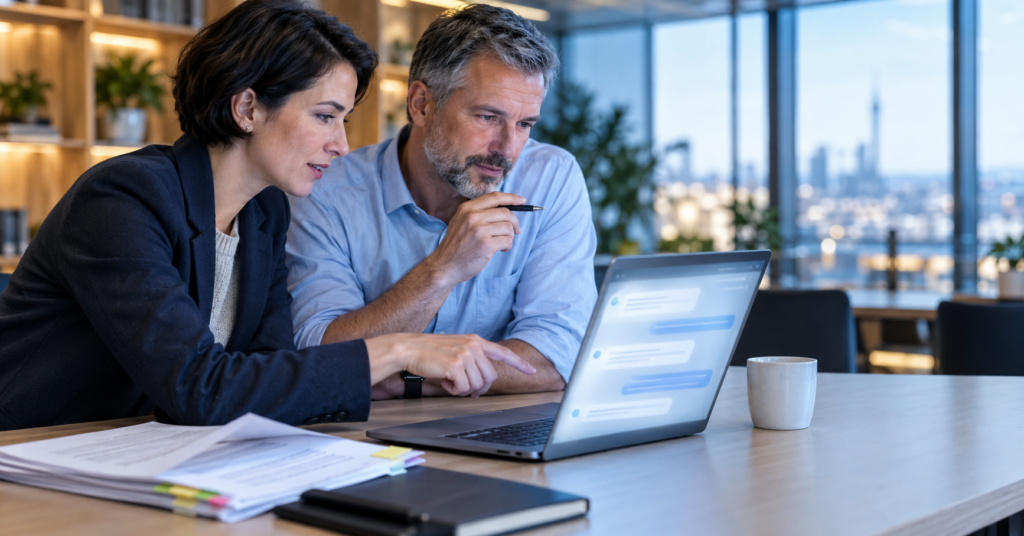 Claude für Unternehmen – IT-Leiterin und Abteilungsleiter prüfen einen KI-Assistenten am Laptop neben gedruckten Vertragsunterlagen – AURUM GmbH Nürnberg