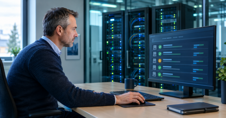 SharePoint Subscription Edition – IT-Administrator prüft den Update-Status der lokalen SharePoint-Server vor einem Serverraum mit Glaswand – AURUM GmbH Nürnberg