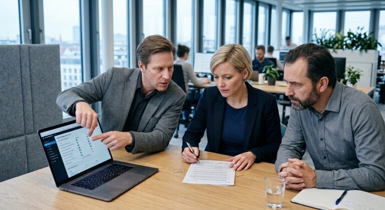 Copilot Betriebsvereinbarung – Betriebsrat und IT-Leitung prüfen gemeinsam Tenant-Einstellungen am Laptop – AURUM GmbH Nürnberg