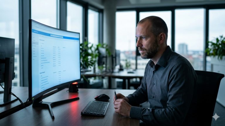 Copilot Readiness Berechtigungen – IT-Verantwortlicher prüft SharePoint-Zugriffe am Monitor – AURUM GmbH Nürnberg