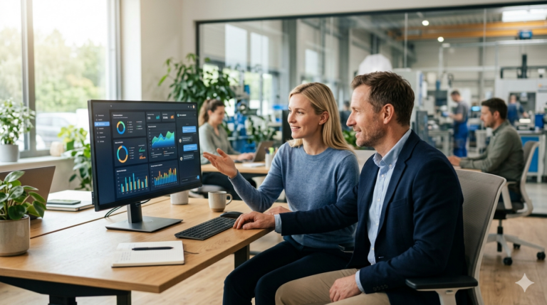 Zwei Mitarbeitende eines Mittelstandsunternehmens betrachten gemeinsam ein KI-Dashboard mit Azure-Copilot-Integration auf einem Bildschirm im modernen Büro