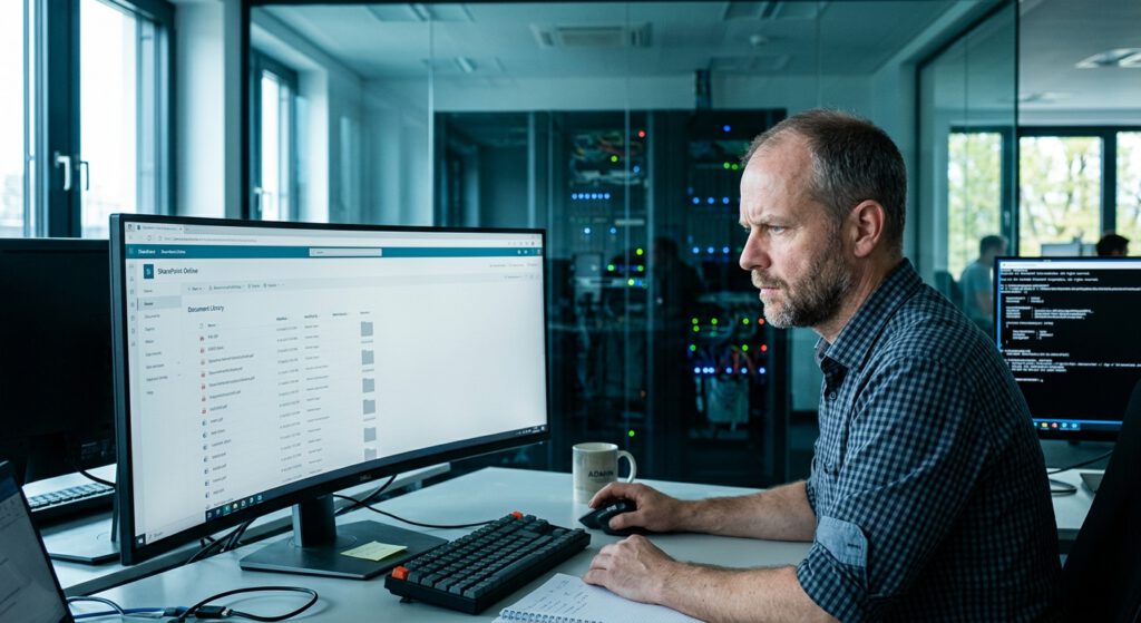 Office Online Server Support-Ende – Administrator prüft SharePoint-Farm am Monitor – AURUM GmbH Nürnberg