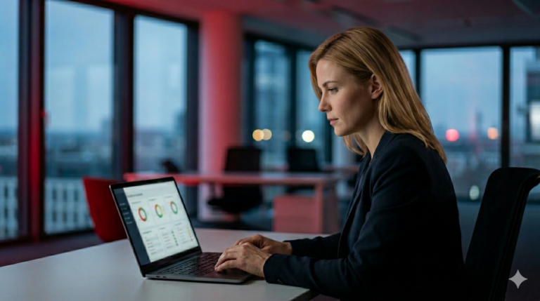 EU AI Act Mittelstand – Geschäftsführerin prüft KI-Compliance am Laptop – AURUM GmbH Nürnberg